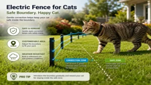 Cat approaching an electric fence for cats boundary in a secure outdoor area