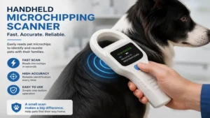 Close-up of a handheld microchipping scanner reading a dog microchip quickly and accurately