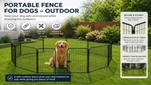 Portable fence for dogs outdoor setup with secure metal panels on grass