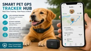 Smart Pet GPS Tracker Hub connected to a mobile app for live pet location tracking
