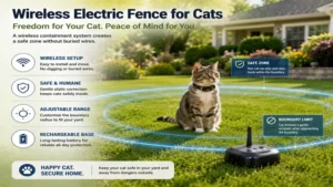 Wireless electric fence for cats creating a safe containment zone in a garden