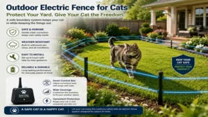 Outdoor electric fence for cats protecting a yard while allowing pets to roam freely