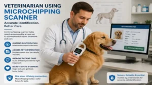 Veterinarian using a microchipping scanner to access pet identification information safely