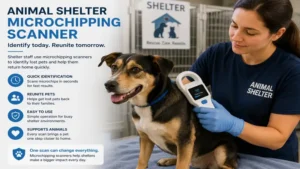 Animal shelter worker operating a microchipping scanner to help reunite lost pets with owners