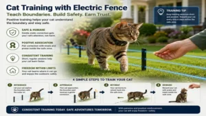 Cat learning boundary limits through a properly configured electric fence for cats