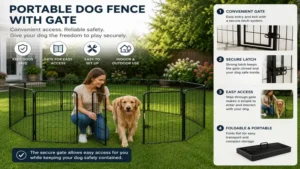 Portable dog fence with gate allowing safe and convenient access for pets
