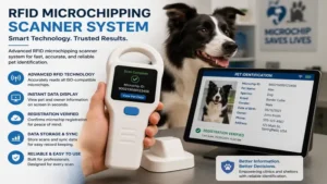 Advanced RFID microchipping scanner system displaying accurate pet identification data