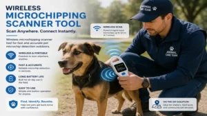 Wireless microchipping scanner tool used outdoors for fast and reliable pet microchip detection