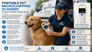 Portable pet microchipping scanner designed for mobile pet tracking and animal identification services