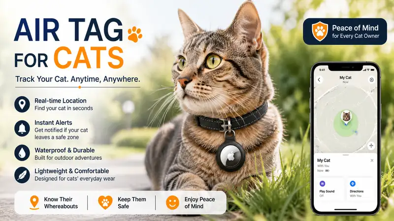 Air tag for cats attached to a comfortable collar helping pet owners track their cat's location