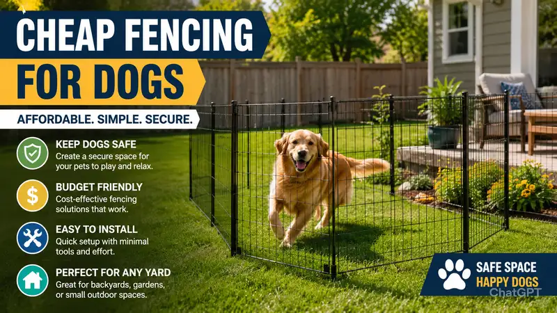 Affordable cheap fencing for dogs installed in a backyard to create a safe and secure outdoor play area for pets