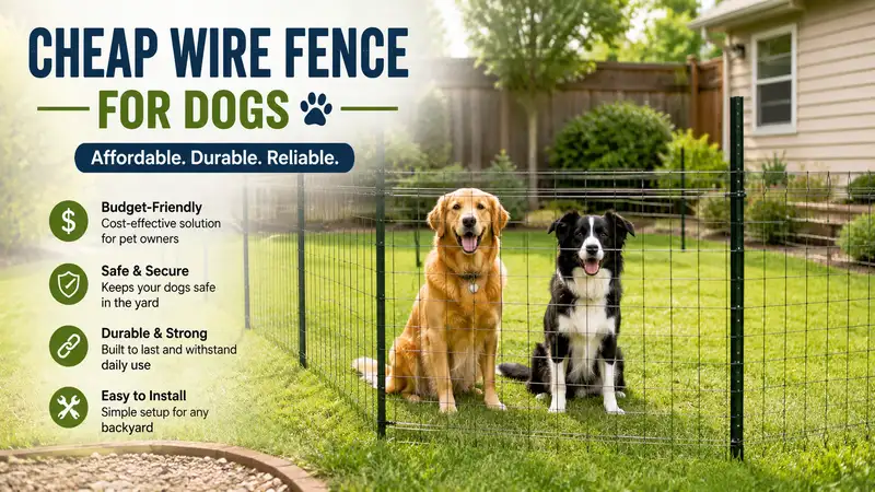 Affordable cheap wire fence for dogs installed around a backyard to create a safe and secure pet enclosure