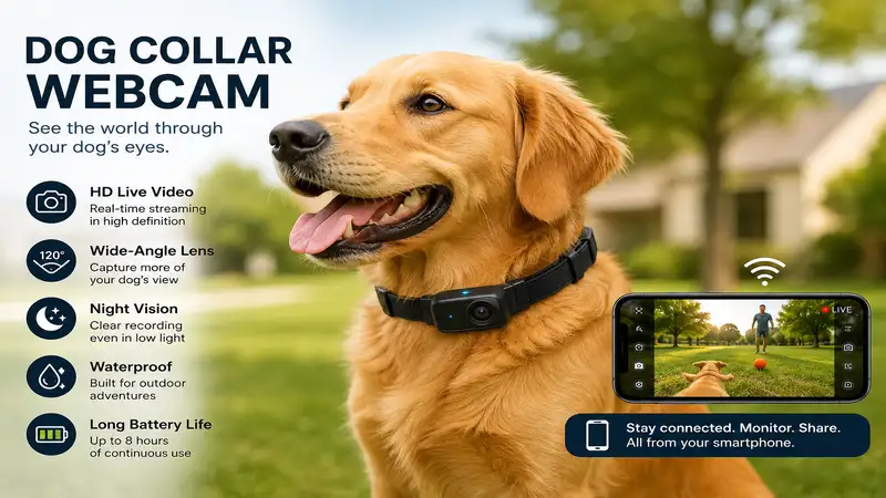 dog collar webcam for real-time pet monitoring and live HD video streaming