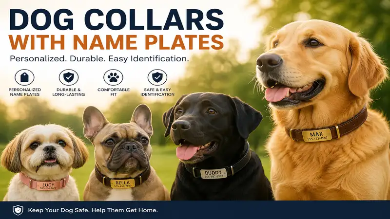 dog collars with name plates displayed on different dog breeds with personalized identification tags
