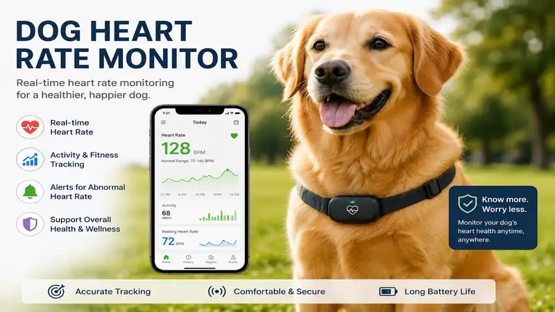 Dog heart rate monitor displaying real-time heart rate data on a healthy dog during routine health monitoring.