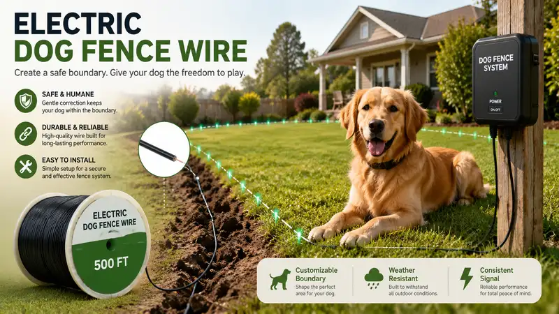 Electric dog fence wire installed around a backyard for a secure pet containment system