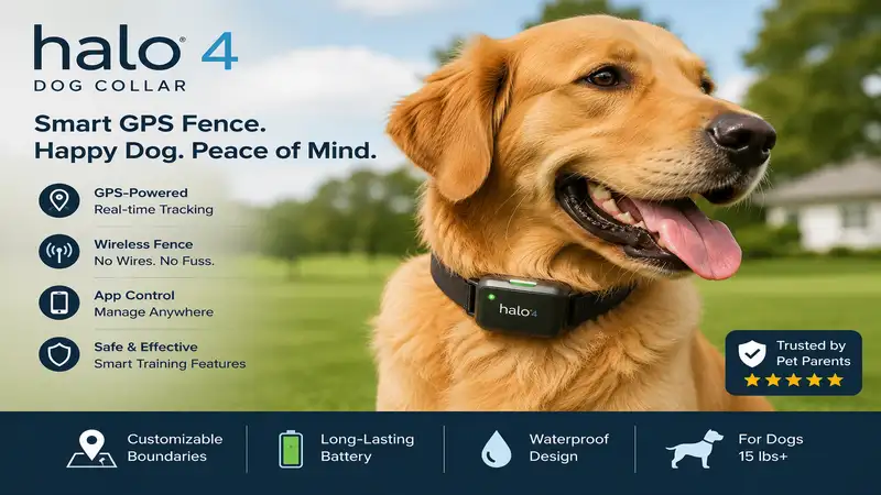 halo 4 dog collar worn by an active dog during outdoor GPS fence training