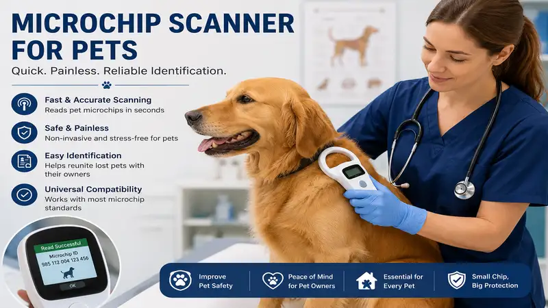 Veterinarian using a microchip scanner for pets during a pet identification check in a modern clinic