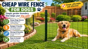 cheap wire fence for dogs used as a simple garden boundary to keep pets safely contained