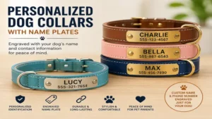 dog collars with name plates featuring custom engraved names and contact information for pets