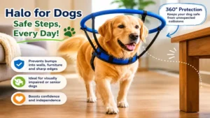 Dog wearing a halo for dogs device to prevent bumping into obstacles