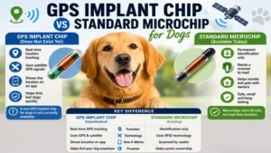 Comparison chart showing gps implant chip for dogs versus traditional identification microchips for pets