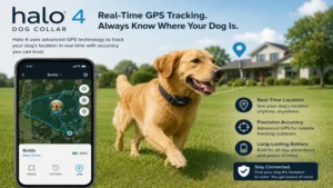 halo 4 dog collar providing real-time GPS tracking for a dog in a large yard