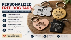 Personalized free dog tags with engraved names and contact information