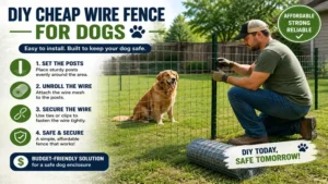 Homeowner installing a cheap wire fence for dogs as a budget-friendly fencing solution for pets