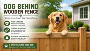 Happy dog standing behind a wood fence for dogs in a well-maintained residential yard.