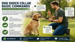 Trainer teaching sit and stay commands using dog shock collar training during an obedience session