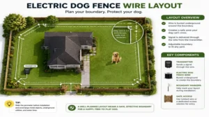 Diagram showing an electric dog fence wire layout for pet boundary installation