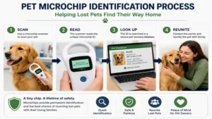 Pet microchip identification process using a microchip scanner for pets to reunite lost animals