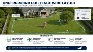 Underground dog fence wire layout diagram showing boundary planning around a house and yard