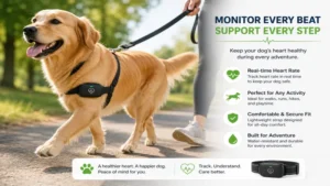 Dog wearing a dog heart rate monitor comfortably during a daily walk to monitor cardiovascular health.