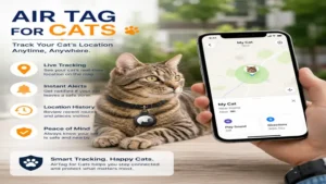 Air tag for cats connected to a smartphone app showing real-time location tracking and alerts