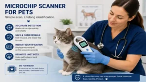 Veterinarian scanning a cat with a microchip scanner for pets in a veterinary clinic