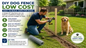 Homeowner building low cost fencing for dogs as a simple DIY backyard fencing project