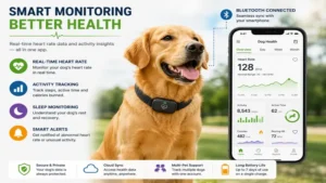 Dog heart rate monitor connected to a mobile app showing live heart rate and activity data.