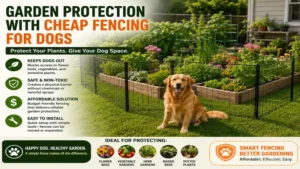 Garden setup featuring cheap fencing for dogs that protects plants while allowing pets to roam safely