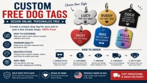 Custom free dog tags ordered online with various shapes and colors