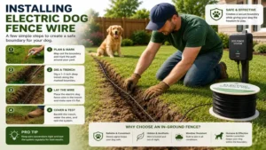 Homeowner installing electric dog fence wire to create a safe area for dogs