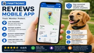 pawtronic reviews demonstrating the mobile app interface for tracking, monitoring, and pet safety management