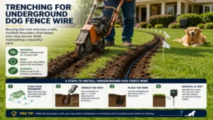 Trenching the yard to install underground dog fence wire along a planned boundary path