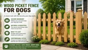 Traditional picket-style wood fence for dogs adding charm and security to an outdoor area.