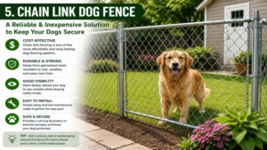Chain link is an inexpensive fencing for dogs solution that combines strength, low maintenance, and long-lasting protection.