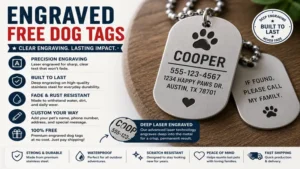 Engraved free dog tags featuring clear text and long-lasting finish
