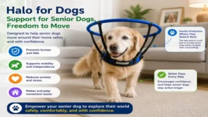 Senior dog using a halo for dogs aid to move around the home more easily