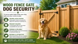 Secure gate integrated into a wood fence for dogs to help prevent pets from escaping.