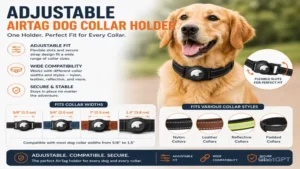 Adjustable airtag dog collar holder compatible with various dog collar widths, materials, and styles